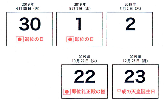 2019年版カレンダーにおける未定日の記載例